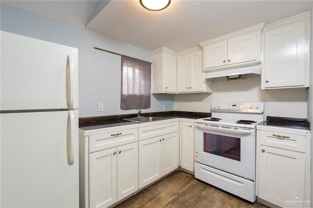 kitchen with white cabinetry, sink, dark wood-type flooring, and white appliances