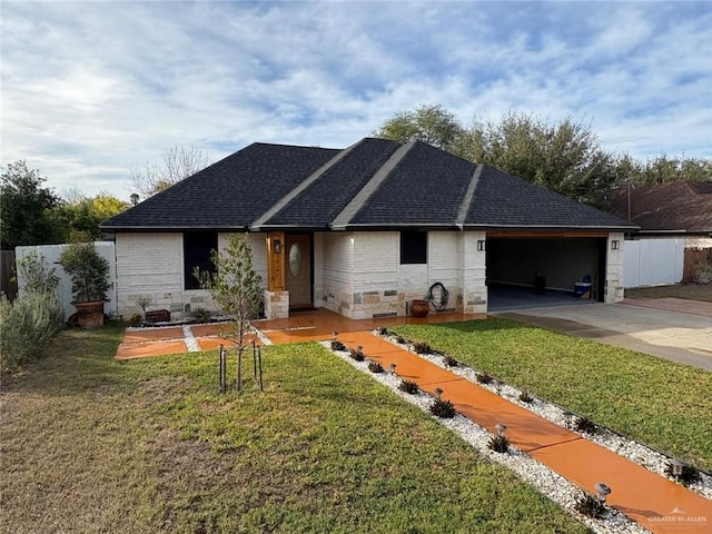 single story home with a garage and a front lawn