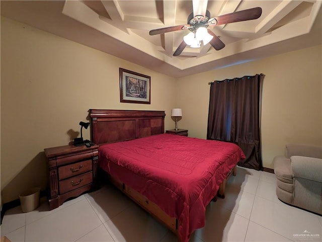 3300 Harding Ave, Alton, TX 78573 - bedroom featuring a tray ceiling, light tile patterned flooring, and a ceiling fan