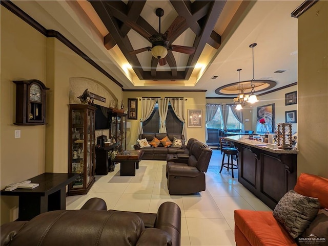 3300 Harding Ave, Alton, TX 78573 - living area featuring light tile patterned flooring, a ceiling fan, ornamental molding, coffered ceiling, and a raised ceiling