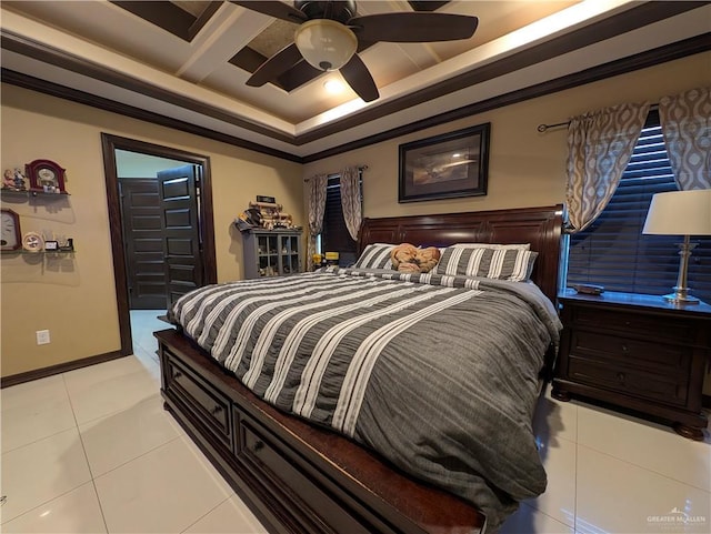 3300 Harding Ave, Alton, TX 78573 - bedroom with light tile patterned floors, ceiling fan, and a tray ceiling