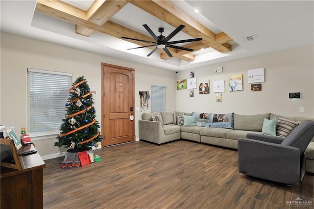 living room featuring ceiling fan, dark wood-type flooring, and coffered ceiling