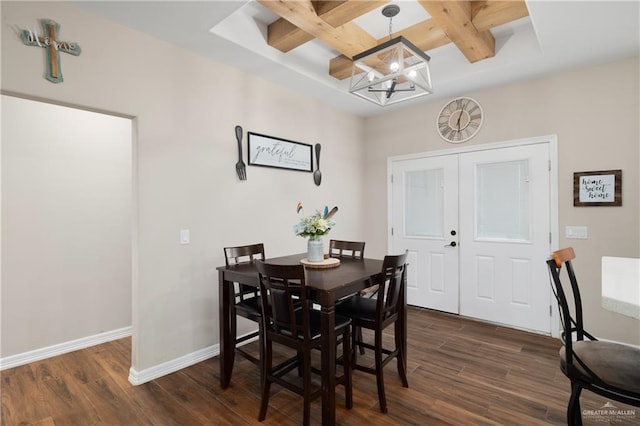 dining space with dark hardwood / wood-style flooring, beamed ceiling, coffered ceiling, and a notable chandelier