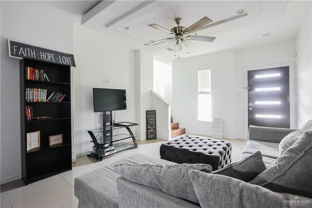 1413 E Keeton Ave Unit 19, Mcallen, TX 78503 - tiled living area featuring stairs, baseboards, a ceiling fan, and recessed lighting