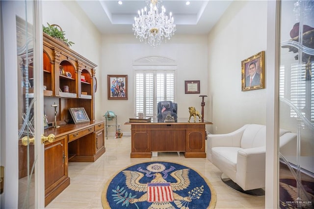 office with a tray ceiling, recessed lighting, and a notable chandelier