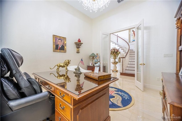 office with a chandelier, baseboards, and visible vents