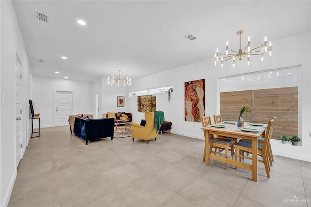 dining area featuring recessed lighting, baseboards, a chandelier, and visible vents