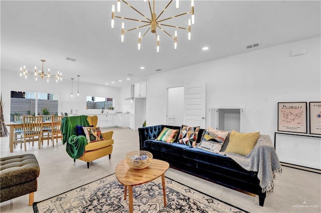 living room with recessed lighting, an inviting chandelier, light tile patterned floors, and visible vents