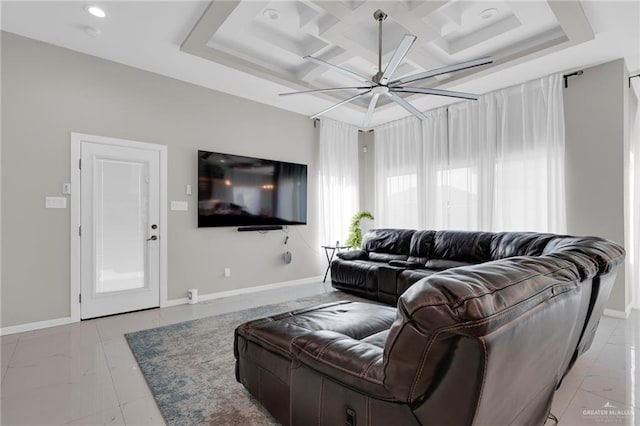 2000 Providence Ave, Mcallen, TX 78504 - living room with ceiling fan, coffered ceiling, baseboards, recessed lighting, and light marble finish floors
