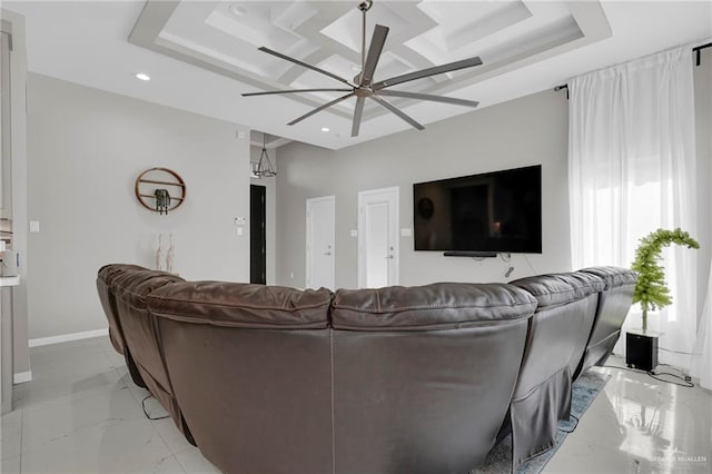 2000 Providence Ave, Mcallen, TX 78504 - living room featuring recessed lighting, a ceiling fan, light marble finish floors, baseboards, and a raised ceiling