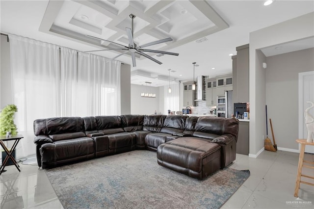 2000 Providence Ave, Mcallen, TX 78504 - living room featuring ceiling fan, recessed lighting, coffered ceiling, light marble finish flooring, and baseboards