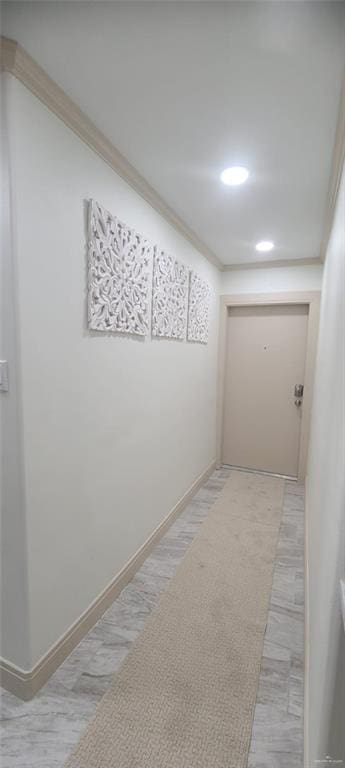 corridor with light carpet and ornamental molding