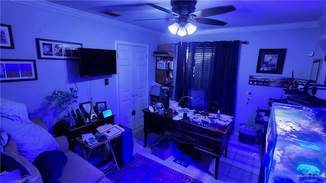 bedroom featuring ceiling fan, crown molding, and tile patterned flooring