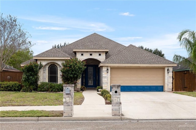 view of front of property featuring a garage and a front lawn