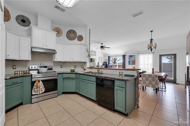 kitchen featuring electric stove, a sink, under cabinet range hood, green cabinetry, and dishwasher