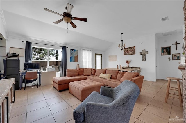 living room featuring visible vents, lofted ceiling, light tile patterned flooring, and a ceiling fan