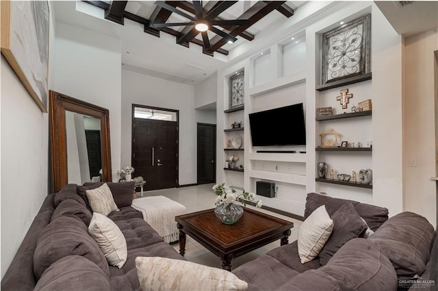 4000 Eucaliptus Ave, Mcallen, TX 78501 - living area featuring built in features, ceiling fan, beamed ceiling, a towering ceiling, and coffered ceiling