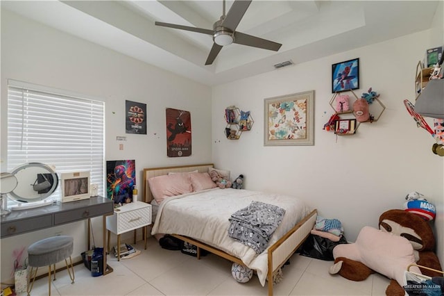 4000 Eucaliptus Ave, Mcallen, TX 78501 - bedroom featuring a raised ceiling, tile patterned floors, and ceiling fan