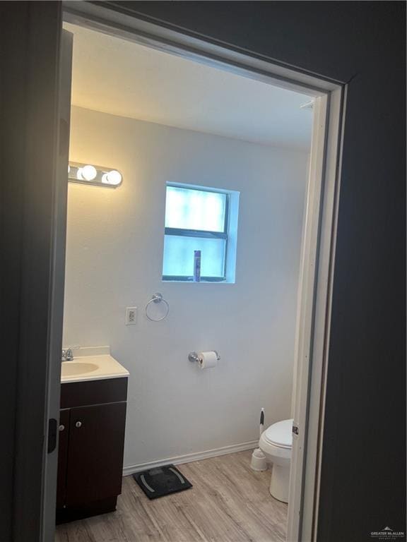 bathroom with vanity, wood-type flooring, and toilet