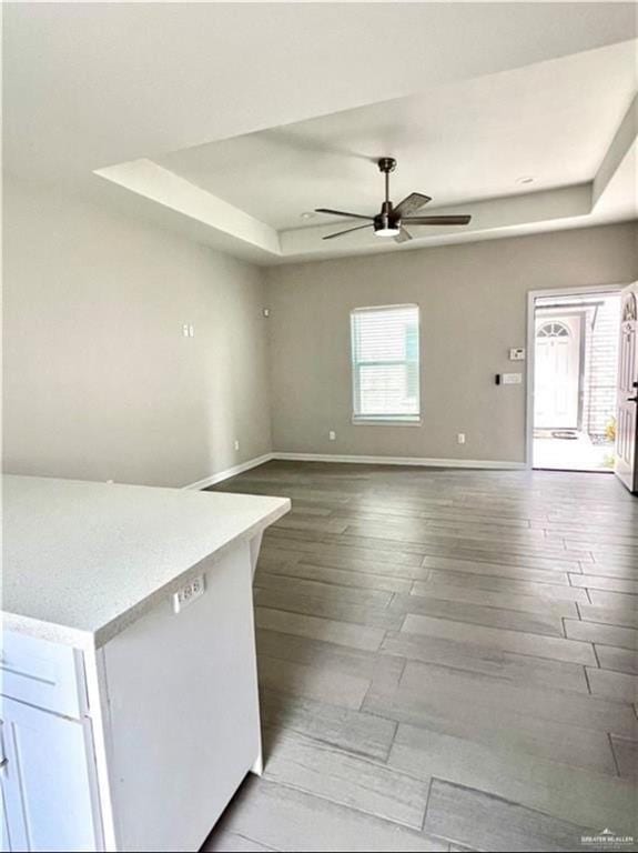 interior space with ceiling fan, a tray ceiling, and hardwood / wood-style floors