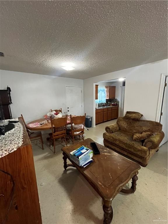 living room featuring sink and a textured ceiling