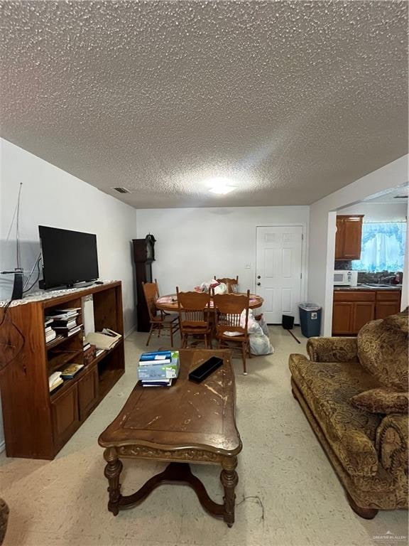 living room featuring a textured ceiling