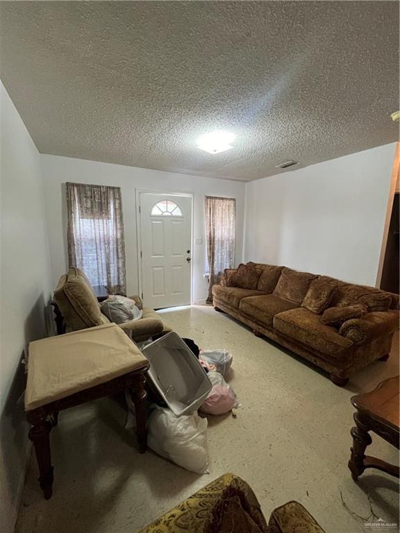 living room featuring a textured ceiling