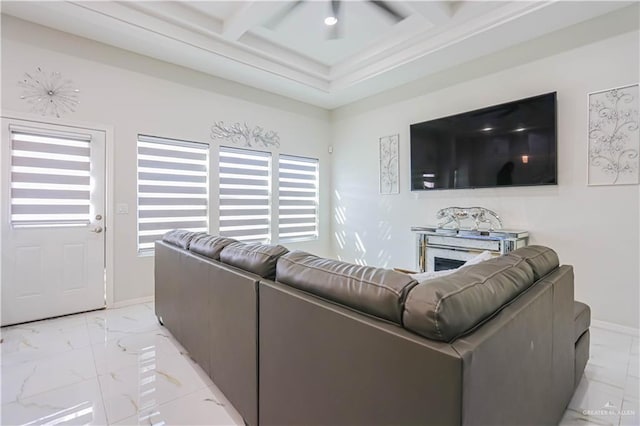 living room featuring beamed ceiling and coffered ceiling