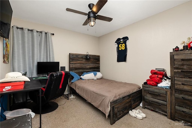 bedroom featuring ceiling fan and light colored carpet