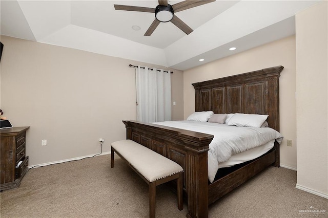 bedroom featuring ceiling fan and light colored carpet