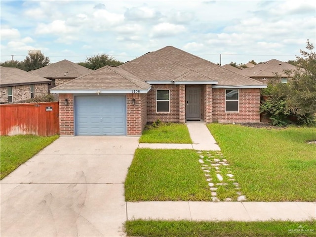 ranch-style house with a garage and a front lawn