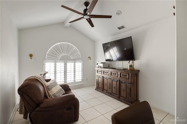 tiled living room with vaulted ceiling with beams and ceiling fan