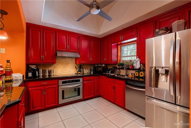 kitchen featuring appliances with stainless steel finishes, backsplash, ceiling fan, sink, and light tile patterned flooring