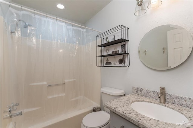 full bathroom with shower / tub combo, vanity, and toilet