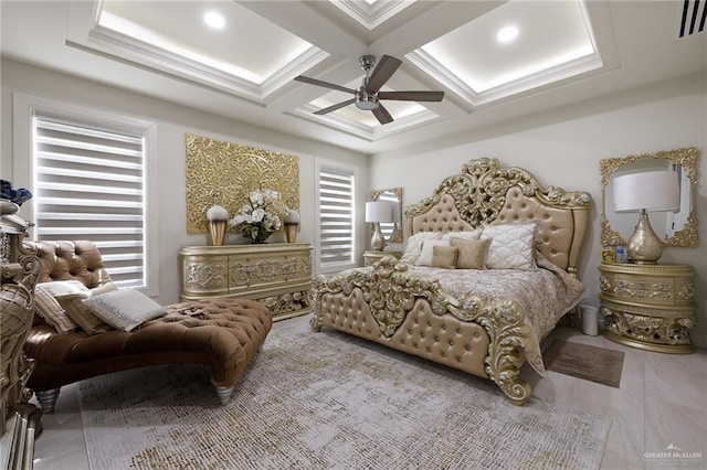 bedroom with beam ceiling, ceiling fan, and coffered ceiling