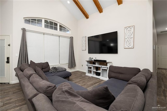 living area with baseboards, beam ceiling, high vaulted ceiling, and dark wood-type flooring