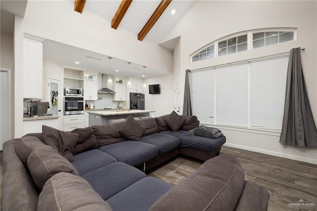 living area featuring dark wood-style floors, recessed lighting, high vaulted ceiling, beamed ceiling, and baseboards