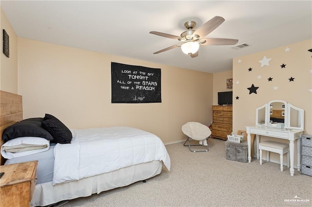 bedroom featuring carpet flooring and ceiling fan