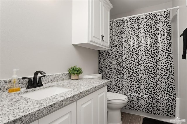 bathroom featuring curtained shower, vanity, and toilet