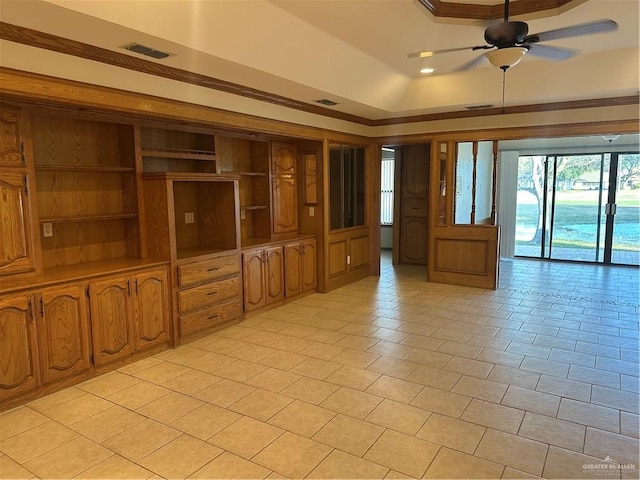 2711 Ashley Ct, Pharr, TX 78577 - unfurnished room with ceiling fan, visible vents, a raised ceiling, and light tile patterned flooring