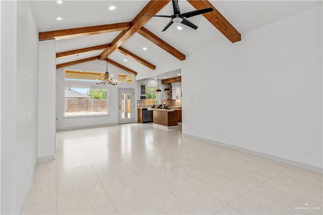 unfurnished living room featuring ceiling fan with notable chandelier, lofted ceiling with beams, and sink