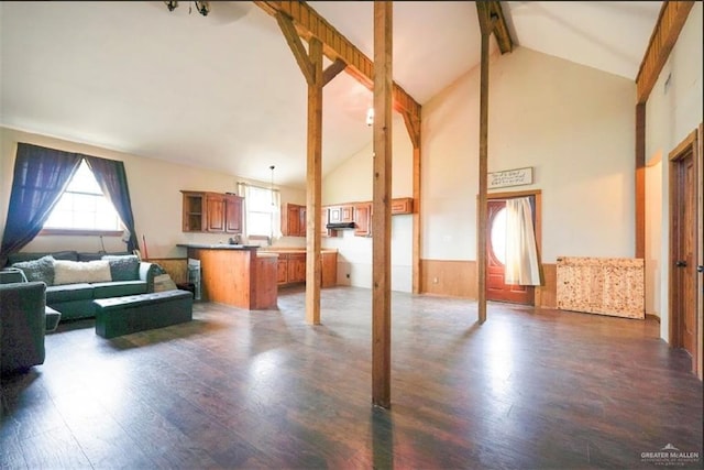 8826 Oak Meadow St W, Monte Alto, TX 78538 - living room featuring beamed ceiling, wood finished floors, high vaulted ceiling, and wainscoting