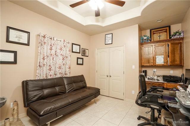 1110 E 8th St N, San Juan, TX 78589 - office featuring a ceiling fan, light tile patterned floors, a tray ceiling, and baseboards