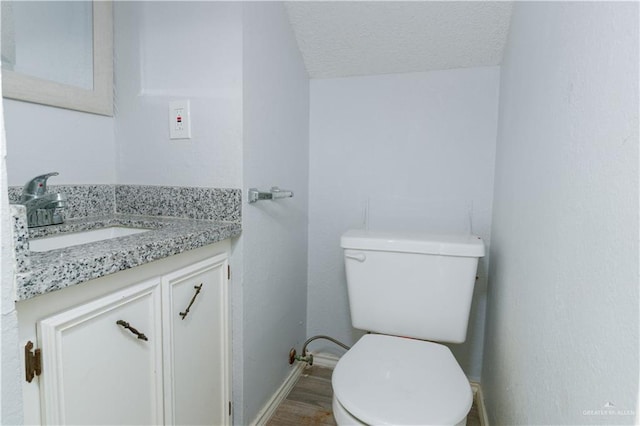 bathroom featuring toilet, vanity, a textured ceiling, and hardwood / wood-style flooring