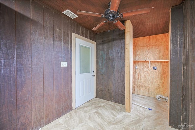 bathroom with wood ceiling, ceiling fan, and wooden walls