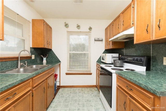 kitchen with plenty of natural light, sink, white appliances, and decorative backsplash