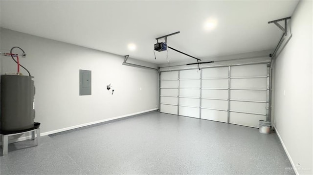 garage featuring a garage door opener, electric panel, and water heater