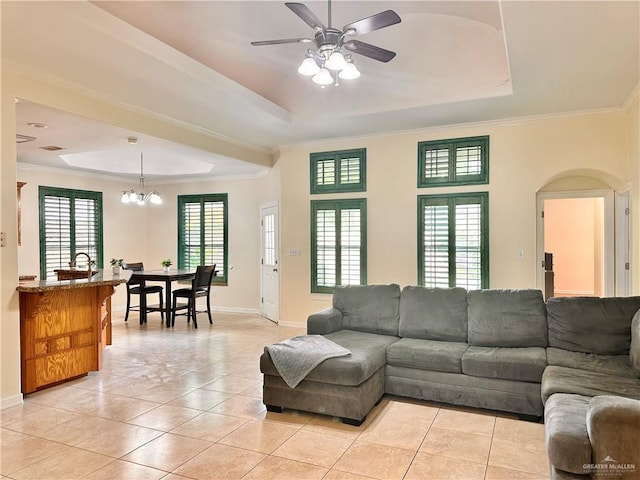2401 S Gardenia St, Pharr, TX 78577 - living area with a raised ceiling, ceiling fan, light tile patterned floors, and crown molding