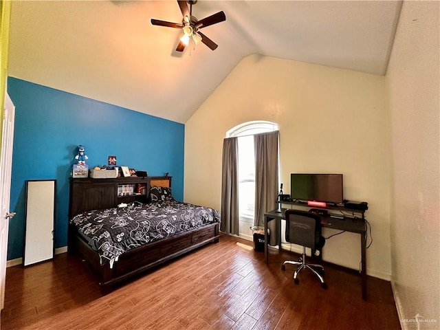 2401 S Gardenia St, Pharr, TX 78577 - bedroom with wood finished floors, vaulted ceiling, baseboards, and a ceiling fan