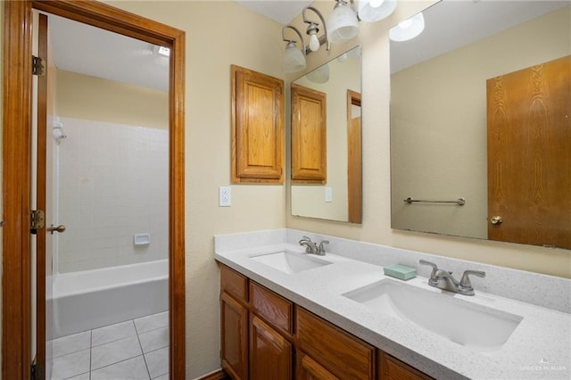 bathroom with shower / tub combination, vanity, and tile patterned floors